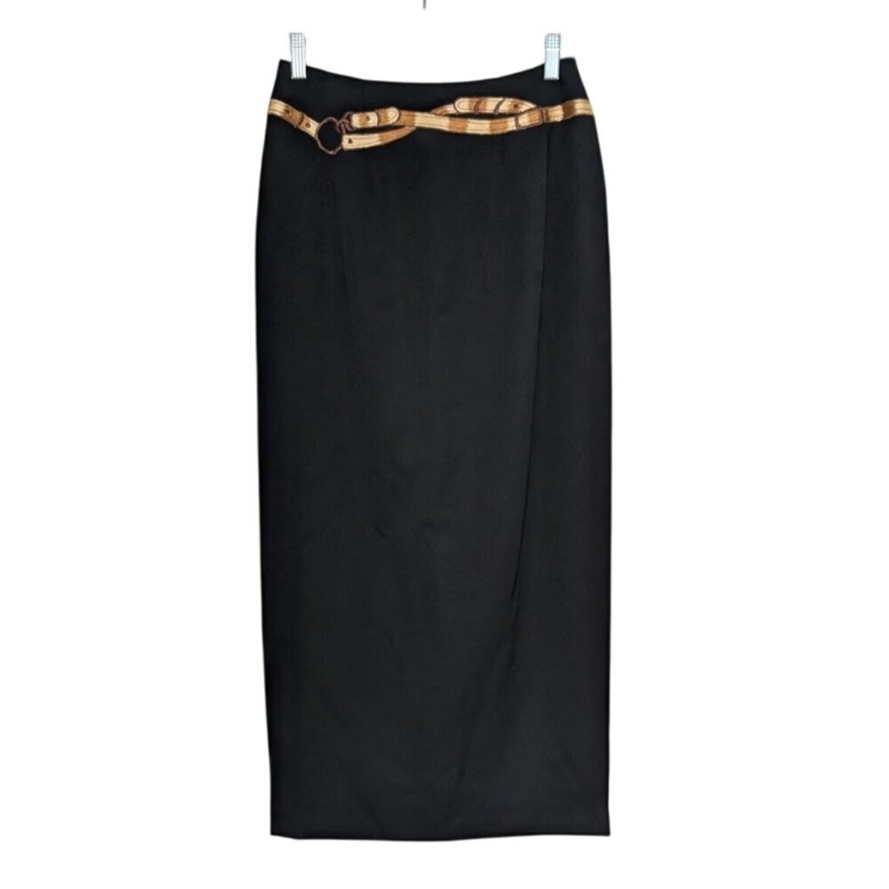 Vintage Embroidered Equestrian Maxi Skirt Womens Size 8 Black Wool Long Lined